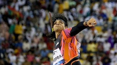 Neeraj Chopra, of India, makes an attempt in the men's javelin throw during the Diamond League athletics meet at the Qatar Sports Club stadium (AP) Neeraj Chopra, of India, makes an attempt in the men's javelin throw during the Diamond League athletics meet at the Qatar Sports Club stadium (AP)