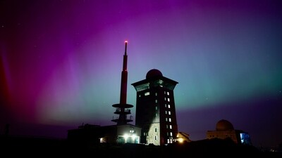 Northern lights appear in the night sky above the Brocken early Saturday, May 11, 2024, in Schierke, northern Germany. (AP/PTI) (AP) Northern lights appear in the night sky above the Brocken early Saturday, May 11, 2024, in Schierke, northern Germany. (AP/PTI) (AP)