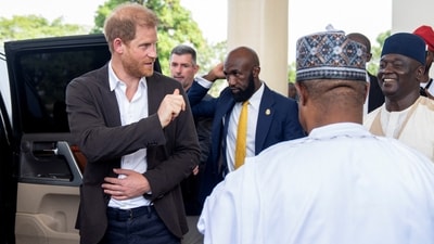 Britain's Prince Harry, Duke of Sussex, gestures after his visit to the Kaduna State Government House in Kaduna, Nigeria, May 10, 2024. REUTERS/Marvellous Durowaiye (REUTERS)