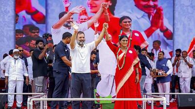 Congress leader Rahul Gandhi with party leader YS Sharmila during a public meeting for Lok Sabha elections, in Kadapa, Andhra Pradesh, on Saturday. (PTI)