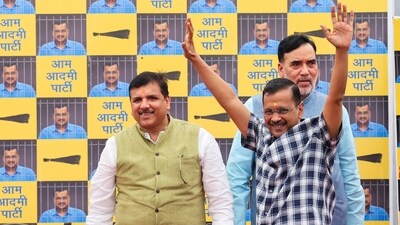 Delhi chief minister Arvind Kejriwal gestures on the day of a press conference after India's Supreme Court gave temporary bail to the Aam Aadmi Party's national conveyor in a liquor policy case. (Reuters)