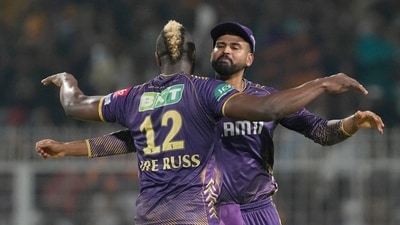 Andre Russell also claimed the crucial wickets of Suryakumar Yadav and Tim David to put Mumbai Indians on backfoot in the chase. (AP) Andre Russell also claimed the crucial wickets of Suryakumar Yadav and Tim David to put Mumbai Indians on backfoot in the chase. (AP)