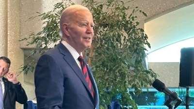 US President Joe Biden addresses at an election fundraising event hosted by Indian American billionaire and venture capitalist Vinod Khosla at his residence, in Washington, Friday, May 11, 2024. (PTI Photo) (PTI) US President Joe Biden addresses at an election fundraising event hosted by Indian American billionaire and venture capitalist Vinod Khosla at his residence, in Washington, Friday, May 11, 2024. (PTI Photo) (PTI)