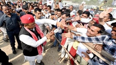 Samajwadi Party chief and party candidate from Kannauj constituency, Akhilesh Yadav, meets with supporters during campaigning for the Lok Sabha polls, on Monday. (ANI photo) Samajwadi Party chief and party candidate from Kannauj constituency, Akhilesh Yadav, meets with supporters during campaigning for the Lok Sabha polls, on Monday. (ANI photo)