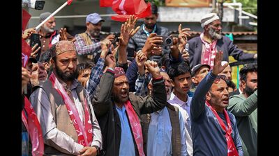 Supporters of the Jammu and Kashmir National Conference (NC) party during an election campaign rally addressed by candidate Aga Syed Ruhullah in Srinagar on Saturday. (AFP) Supporters of the Jammu and Kashmir National Conference (NC) party during an election campaign rally addressed by candidate Aga Syed Ruhullah in Srinagar on Saturday. (AFP)