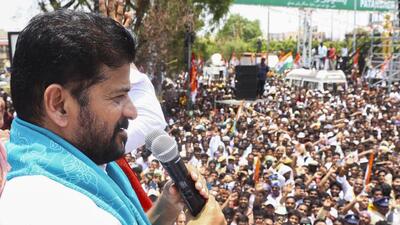 Telangana chief minister A Revanth Reddy addresses during a roadshow for Lok Sabha elections, in Patancheruvu near Hyderabad, on Saturday. (PTI) Telangana chief minister A Revanth Reddy addresses during a roadshow for Lok Sabha elections, in Patancheruvu near Hyderabad, on Saturday. (PTI)