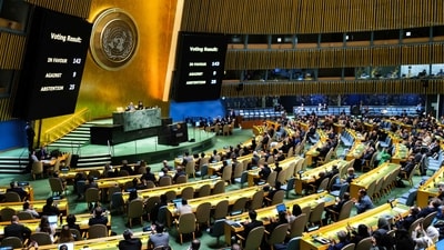 The results of a vote on a resolution for the UN Security Council to reconsider and support the full membership of Palestine into the United Nations is displayed during a special session of the UN General Assembly, at UN headquarters in New York City (AFP) The results of a vote on a resolution for the UN Security Council to reconsider and support the full membership of Palestine into the United Nations is displayed during a special session of the UN General Assembly, at UN headquarters in New York City (AFP)