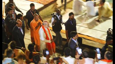Union home minister Amit Shah and U.P. chief minister Yogi Adityanath at at Dashashwamedh Ghat in Varanasi. (Rajesh Kumar/HT photo) Union home minister Amit Shah and U.P. chief minister Yogi Adityanath at at Dashashwamedh Ghat in Varanasi. (Rajesh Kumar/HT photo)