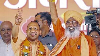 Uttar Pradesh chief minister Yogi Adityanath with sitting MP and BJP candidate Sakshi Maharaj at a Lok Sabha election rally in Unnao. (FILE PHOTO)