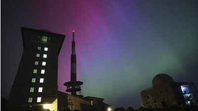 Northern Germany: The Brocken, early Saturday, May 11, 2024 - Northern Lights illuminate the night sky above Schierke. (Matthias Bein/dpa via AP) ( (Matthias Bein/dpa via AP)) Northern Germany: The Brocken, early Saturday, May 11, 2024 - Northern Lights illuminate the night sky above Schierke. (Matthias Bein/dpa via AP) ( (Matthias Bein/dpa via AP))