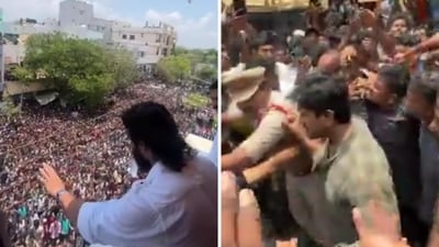 Allu Arjun (left) and Ram Charan (right) were spotted interacting with fans. Allu Arjun (left) and Ram Charan (right) were spotted interacting with fans.