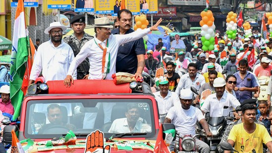Congress candidate from Baharampur constituency Adhir Ranjan Chowdhury during an election campaign in Murshidabad, West Bengal.(PTI)