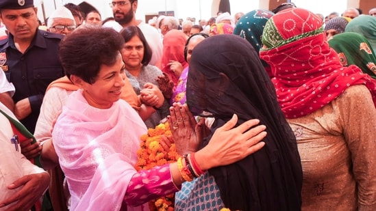 Congress candidate from Sirsa Lok Sabha seat Kumari Selja during an election campaign in Tohana, Haryana.(PTI)