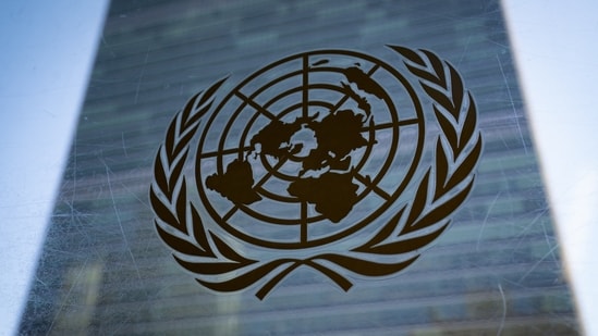 FILE - The symbol of the United Nations is displayed outside the Secretariat Building during an emergency meeting of the UN General Assembly, Monday, Feb. 28, 2022, at the United Nations Headquarters, in New York. (AP Photo/John Minchillo, File) (AP)