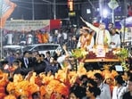 PM Narendra Modi’s road show in Patna on Sunday evening. (HT photo)