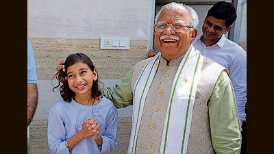 Former CM Manohar Lal Khattar during his door-to-door campaign in Haryana on Sunday. (HT Photo) Former CM Manohar Lal Khattar during his door-to-door campaign in Haryana on Sunday. (HT Photo)