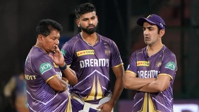 Bengaluru: Kolkata Knight Riders captain Shreyas Iyer, coach Chandrakant Pandit and mentor Gautam Gambhir during a practice session. (PTI) Bengaluru: Kolkata Knight Riders captain Shreyas Iyer, coach Chandrakant Pandit and mentor Gautam Gambhir during a practice session. (PTI)