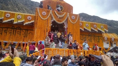 The doors of the Badrinath temple in the Garhwal Himalayas in Uttarakhand opened for devotees on Sunday, following their closure during the winter season. (PTI) The doors of the Badrinath temple in the Garhwal Himalayas in Uttarakhand opened for devotees on Sunday, following their closure during the winter season. (PTI)