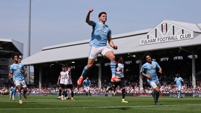 Manchester City's Julian Alvarez celebrates scoring their fourth goal (REUTERS)