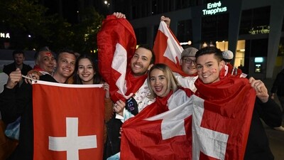 Swiss fans celebrate outside the Malm Arena after the Eurovision Song Contest (ESC). (AFP) Swiss fans celebrate outside the Malm Arena after the Eurovision Song Contest (ESC). (AFP)