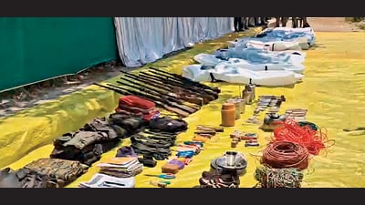 The arms and other items recovered by the security personnel during the encounter in Bijapur district on Friday. (PTI) The arms and other items recovered by the security personnel during the encounter in Bijapur district on Friday. (PTI)