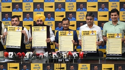 Delhi CM Arvind Kejriwal addresses a press conference at party headquarters, in New Delhi. (HT Photo/Sanjeev Verma) Delhi CM Arvind Kejriwal addresses a press conference at party headquarters, in New Delhi. (HT Photo/Sanjeev Verma)