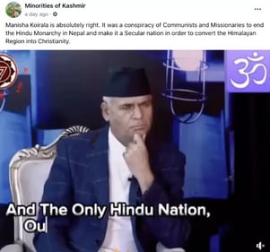 Another user on Facebook wrote, “Manisha Koirala is absolutely right. It was a conspiracy of Communists and Missionaries to end the Hindu Monarchy in Nepal and make it a Secular nation in order to convert the Himalayan Region into Christianity.” Another user on Facebook wrote, “Manisha Koirala is absolutely right. It was a conspiracy of Communists and Missionaries to end the Hindu Monarchy in Nepal and make it a Secular nation in order to convert the Himalayan Region into Christianity.”