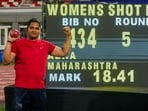 Abha Khatua of Maharashtra poses for photos after winning the women's shot put event at the 27th National Federation Senior Athletics Competition, in Bhubaneswar, Monday, May 13, 2024. 