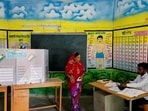 A voter walks inside a polling station during the fourth phase of the general election, in Beed, Maharashtra,(Reuters)