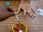 Tirupati: A woman gets her finger inked after casting her vote at a polling station during the fourth phase of Lok Sabha elections and Andhra Pradesh Assembly elections . (PTI Photo/R Senthilkumar)(PTI)