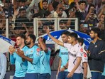 Gujarat Titans captain Shubman Gill with teammates acknowledges fans after the Indian Premier League (IPL) 2024 cricket match between Gujarat Titans and Kolkata Knight Riders was abandoned due to bad weather Gujarat Titans captain Shubman Gill with teammates acknowledges fans after the Indian Premier League (IPL) 2024 cricket match between Gujarat Titans and Kolkata Knight Riders was abandoned due to bad weather
