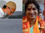 AIMIM's Asaduddin Owaisi casts his vote at Vattapally polling station during the fourth phase of Lok Sabha polls in Hyderabad and Bharatiya Janata Party candidate Madhavi Latha. 