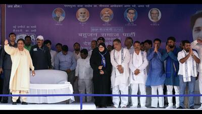 BSP Supremo Mayawati arrives to address a public meeting for the Lok Sabha elections 2024, in Lucknow on Monday. (ANI) BSP Supremo Mayawati arrives to address a public meeting for the Lok Sabha elections 2024, in Lucknow on Monday. (ANI)