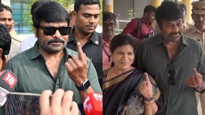 Chiranjeevi voted in Hyderabad with his wife Surekha and daughter Sushmita Konidela. The actor posed for clicks and showed off his inked finger to the press.&nbsp; 