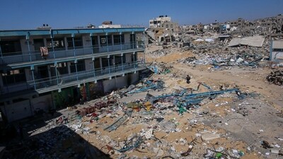 The remains of a United Nations Relief and Works Agency (UNRWA) school in central Khan Younis, Gaza (Bloomberg) The remains of a United Nations Relief and Works Agency (UNRWA) school in central Khan Younis, Gaza (Bloomberg)
