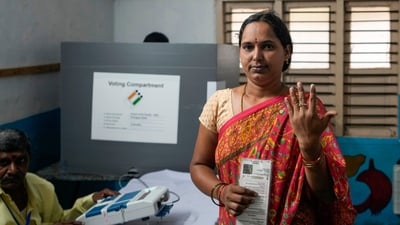A woman shows the indelible ink mark on her index finger after casting vote in a polling station during the fourth phase of general election in Hyderabad. (AP) A woman shows the indelible ink mark on her index finger after casting vote in a polling station during the fourth phase of general election in Hyderabad. (AP)