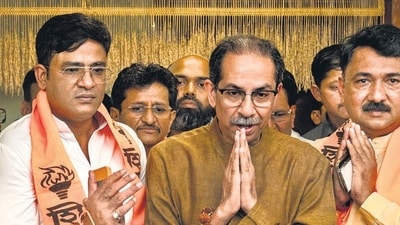 Mumbai, India - April 3, 2024: BJP's sitting MP Unmesh Patil from Jalgaon and Karan Pawar joined Shiv Sena UBT on Wednesday at Matoshree in Mumbai, India, on Wednesday, April 3, 2024. (Photo by Satish Bate/ Hindustan Times) (Hindustan Times) Mumbai, India - April 3, 2024: BJP's sitting MP Unmesh Patil from Jalgaon and Karan Pawar joined Shiv Sena UBT on Wednesday at Matoshree in Mumbai, India, on Wednesday, April 3, 2024. (Photo by Satish Bate/ Hindustan Times) (Hindustan Times)