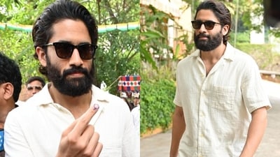 Naga Chaitanya arrived alone, showing off his inked finger to the press after casting his vote in Hyderabad. He’s usually accompanied by Nagarjuna, Amala Akkineni and Akhil. 