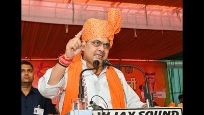 Rajasthan CM Bhajan Lal Sharma addressing a rally in support of BJP’s Karnal pick ML Khattar, in Assandh on Monday. (HT Photo) Rajasthan CM Bhajan Lal Sharma addressing a rally in support of BJP’s Karnal pick ML Khattar, in Assandh on Monday. (HT Photo)