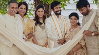 Upasana and Ram Charan with their parents at Klin Kaara's naming ceremony. (Instagram) Upasana and Ram Charan with their parents at Klin Kaara's naming ceremony. (Instagram)