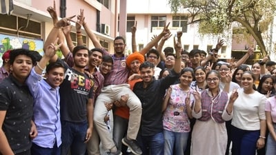 CBSE Results 2024:: Students celebrating after the CBSE Class 12 results were declared in Amritsar on Monday. (Sameer Sehgal/HT)