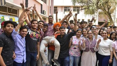 Students celebrating after the CBSE Class 12 results were declared in Amritsar on Monday. (Sameer Sehgal/HT) Students celebrating after the CBSE Class 12 results were declared in Amritsar on Monday. (Sameer Sehgal/HT)