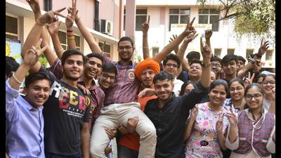 Students celebrating after the CBSE Class 12 results were declared in Amritsar on Monday. (Sameer Sehgal/HT) Students celebrating after the CBSE Class 12 results were declared in Amritsar on Monday. (Sameer Sehgal/HT)