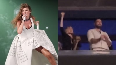 NFL star Travis Kelce showcased his dance moves at Taylor Swift's concert in Paris, while supermodel Gigi Hadid and actor Bradley Cooper cheered from a VIP booth