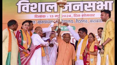 UP chief minister and BJP leader Yogi Adityanath during a public meeting for Lok Sabha elections, at Haidergarh in Barabanki district, Monday. (PTI Photo) UP chief minister and BJP leader Yogi Adityanath during a public meeting for Lok Sabha elections, at Haidergarh in Barabanki district, Monday. (PTI Photo)