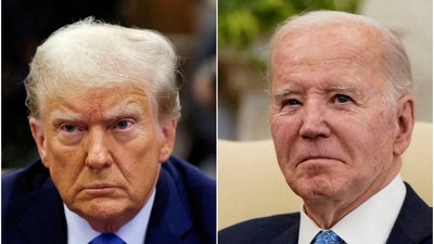 FILE PHOTO: Combination picture showing former U.S. President Donald Trump attending the Trump Organization civil fraud trial, in New York State Supreme Court in the Manhattan borough of New York City, U.S., November 6, 2023 and U.S. President Joe Biden participating in a meeting with Italy's Prime Minister Giorgia Meloni in the Oval Office at the White House in Washington, U.S., March 1, 2024. REUTERS/Brendan McDermid and Elizabeth Frantz/File Photo/File Photo (REUTERS)