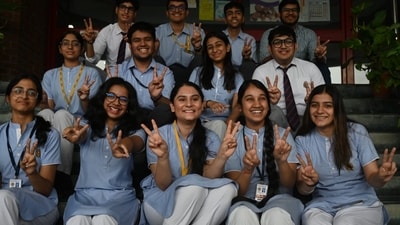 Students celebrate their results in the CBSE Class 12 board exam, at Amity international School at Sector 44 (photo by Sunil Ghosh) Students celebrate their results in the CBSE Class 12 board exam, at Amity international School at Sector 44 (photo by Sunil Ghosh)