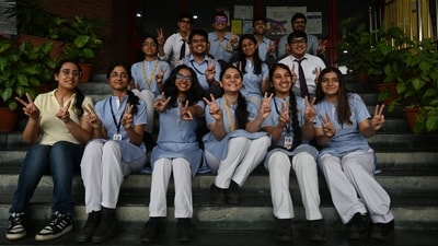 Students celebrate their results in the CBSE Class 12 board exam, at Amity international School at Sector 44 (photo by Sunil Ghosh) Students celebrate their results in the CBSE Class 12 board exam, at Amity international School at Sector 44 (photo by Sunil Ghosh)