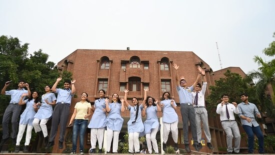 Students celebrate their results in the CBSE Class 12 board exam, at Amity international &nbsp;School at Sector 44(photo by Sunil Ghosh)