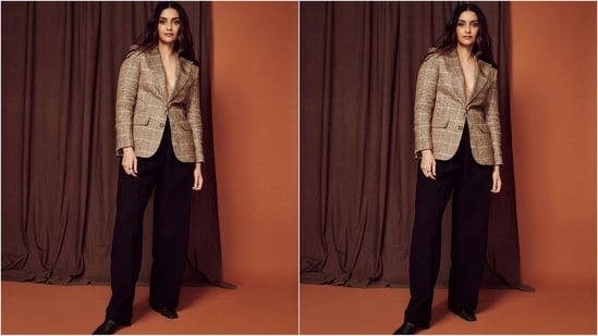 Sonam's outfits features a single-breated blazer that comes in a luxurious linen fabric and boasts plaid check pattern, notched lapels, front button fastening, long sleeves, buttoned cuffs and two side flap pockets. She paired it up with a black relaxed fit pleated-front wool pants.&nbsp;(Instagram/@sonamkapoor)